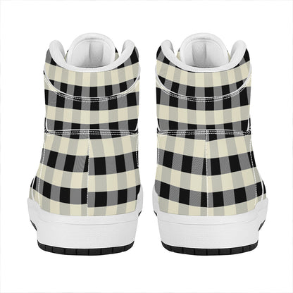 Beige And Black Buffalo Check Print High Top Leather Sneakers