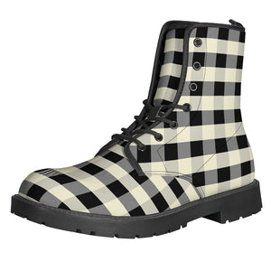 Beige And Black Buffalo Check Print Leather Boots – GearFrost