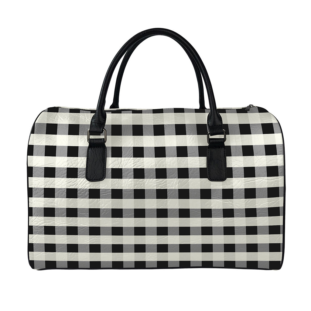 Beige And Black Buffalo Check Print Leather Duffle Bag
