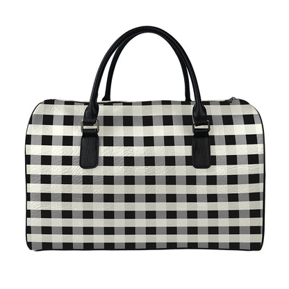 Beige And Black Buffalo Check Print Leather Duffle Bag