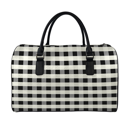 Beige And Black Buffalo Check Print Leather Duffle Bag
