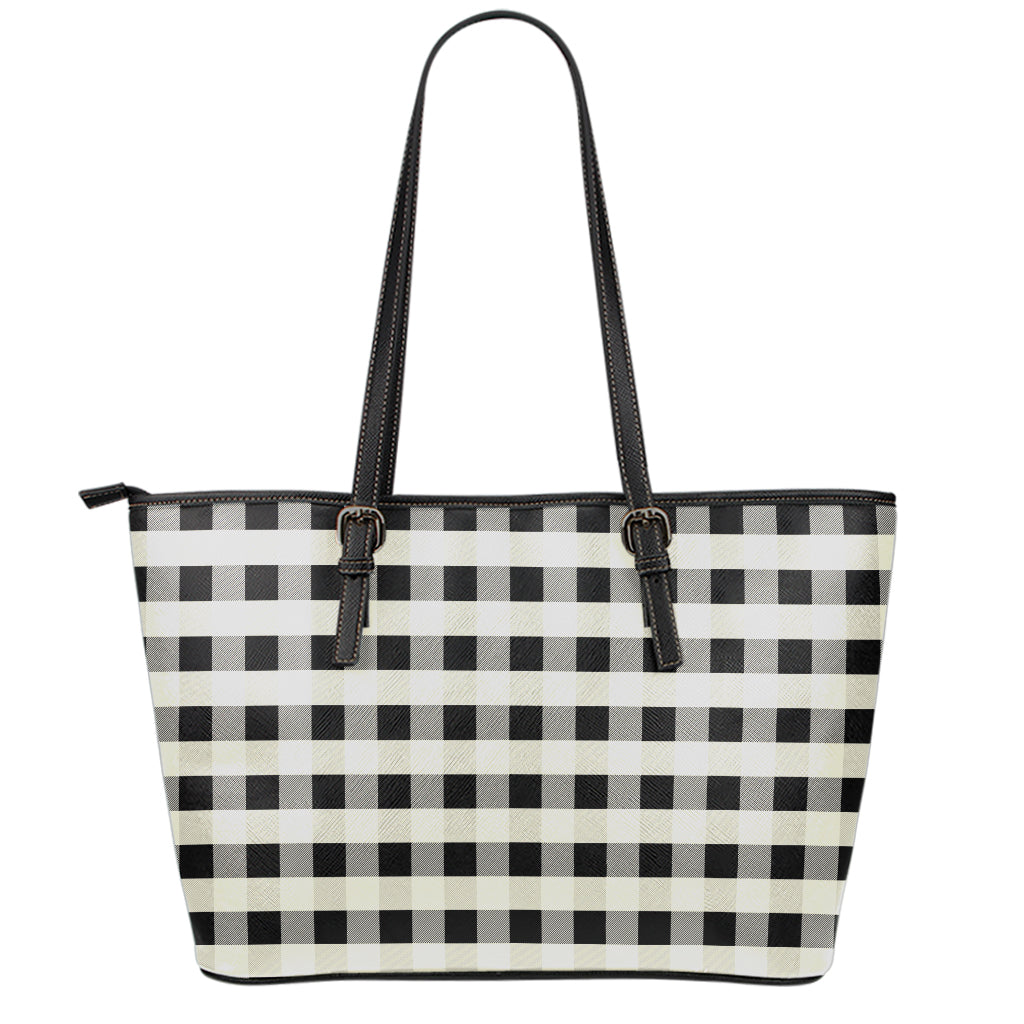 Beige And Black Buffalo Check Print Leather Tote Bag