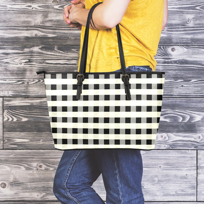 Beige And Black Buffalo Check Print Leather Tote Bag