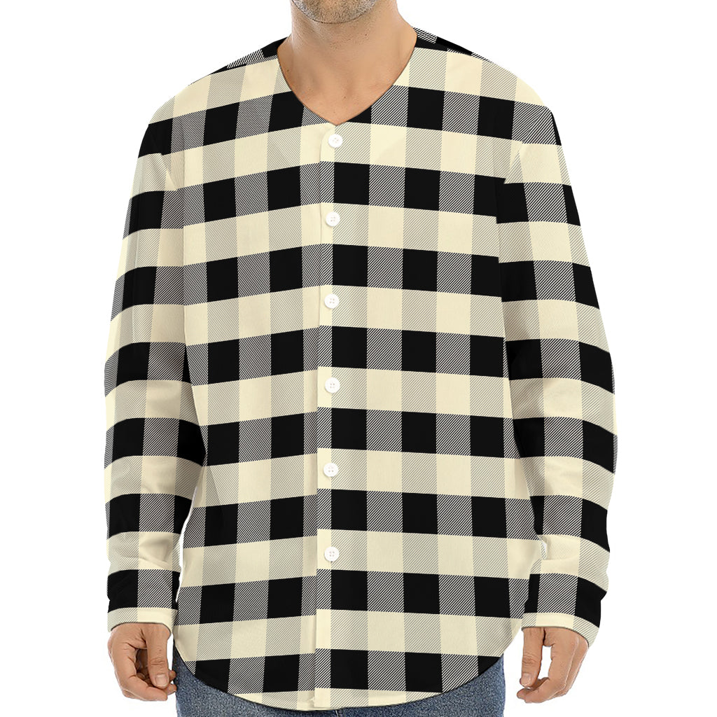 Beige And Black Buffalo Check Print Long Sleeve Baseball Jersey