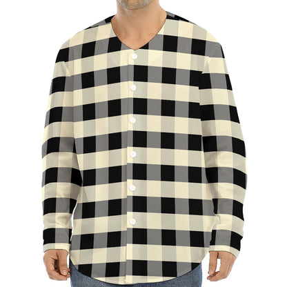 Beige And Black Buffalo Check Print Long Sleeve Baseball Jersey