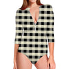 Beige And Black Buffalo Check Print Long Sleeve Swimsuit