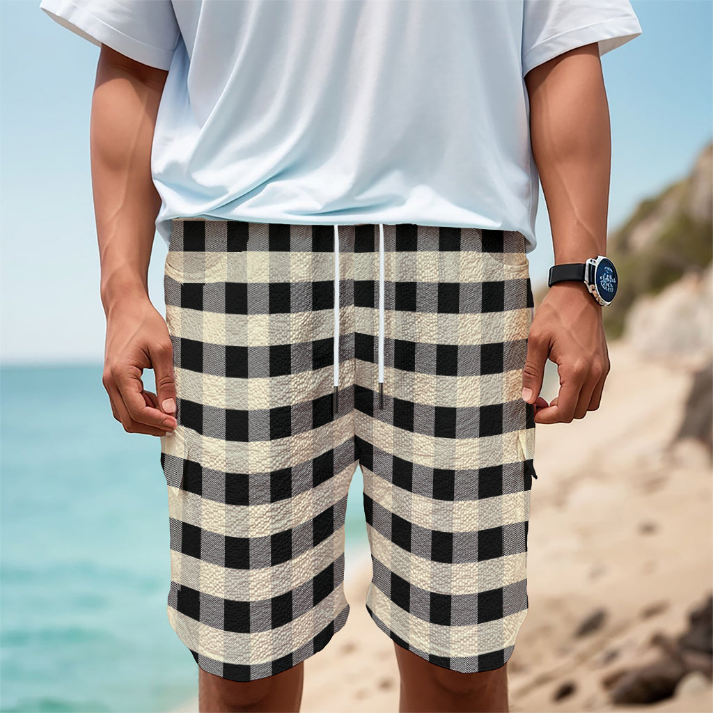 Beige And Black Buffalo Check Print Men's Cargo Shorts