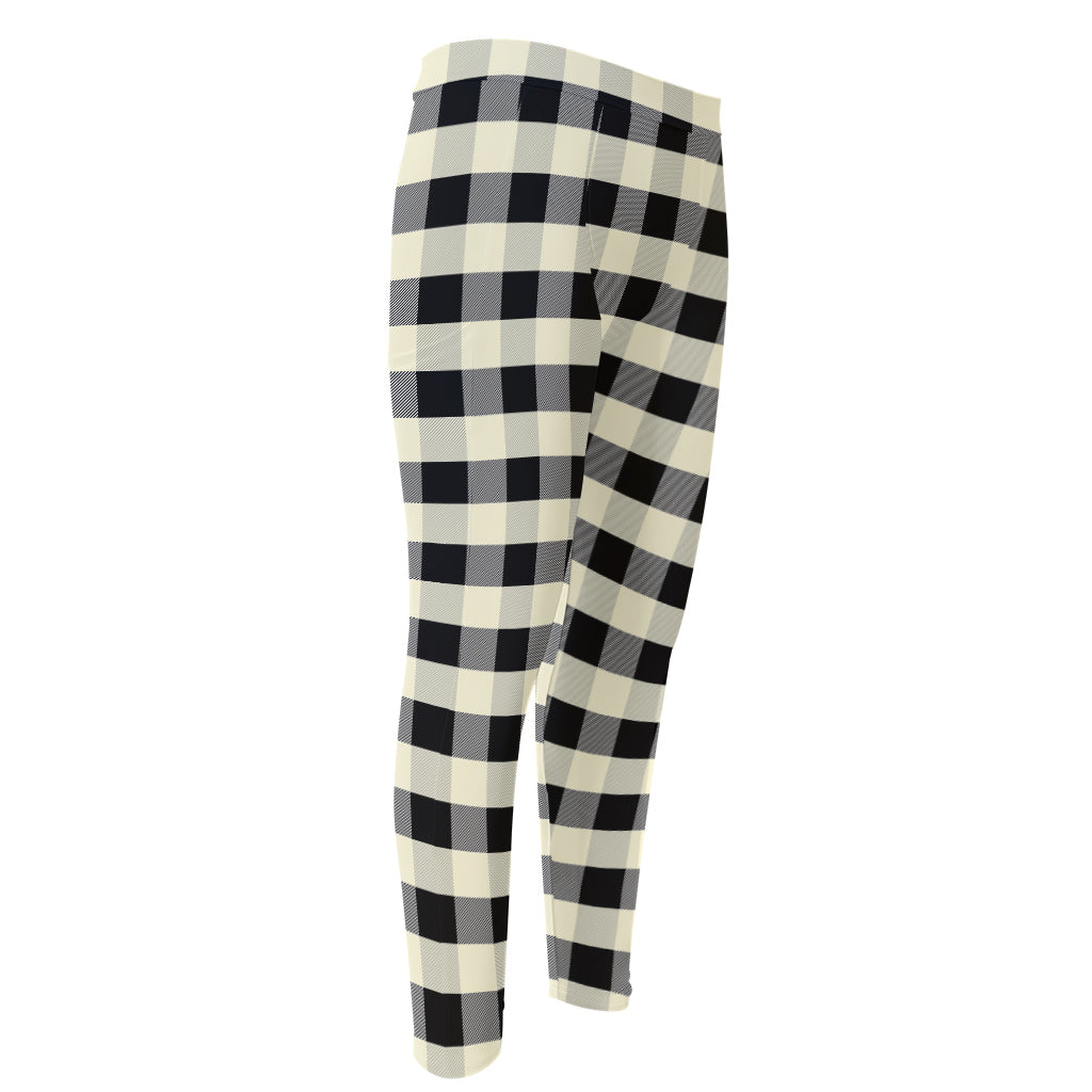 Beige And Black Buffalo Check Print Men's Compression Pants