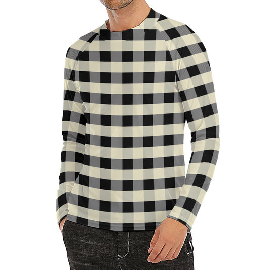 Beige And Black Buffalo Check Print Men's Long Sleeve Rash Guard