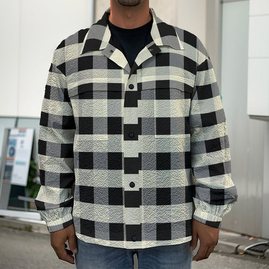 Beige And Black Buffalo Check Print Men's Shirt Jacket