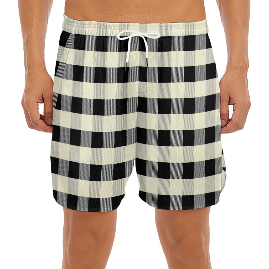 Beige And Black Buffalo Check Print Men's Split Running Shorts