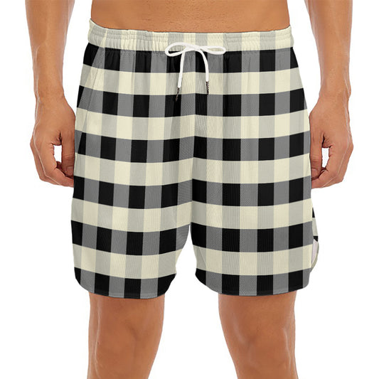 Beige And Black Buffalo Check Print Men's Split Running Shorts