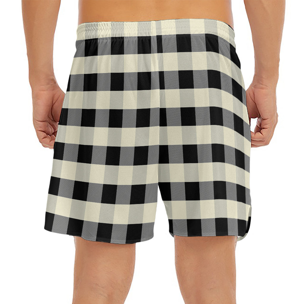Beige And Black Buffalo Check Print Men's Split Running Shorts
