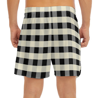 Beige And Black Buffalo Check Print Men's Split Running Shorts