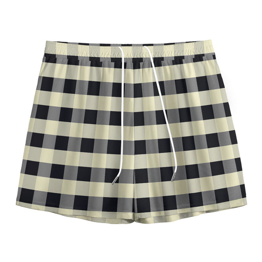 Beige And Black Buffalo Check Print Mesh Shorts