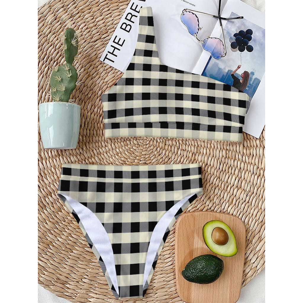 Beige And Black Buffalo Check Print One Shoulder Bikini Top