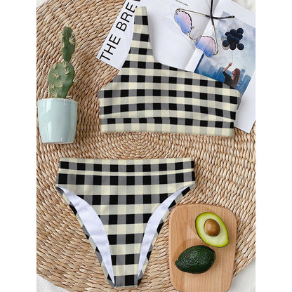 Beige And Black Buffalo Check Print One Shoulder Bikini Top