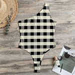 Beige And Black Buffalo Check Print One Shoulder Bodysuit