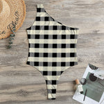 Beige And Black Buffalo Check Print One Shoulder Bodysuit