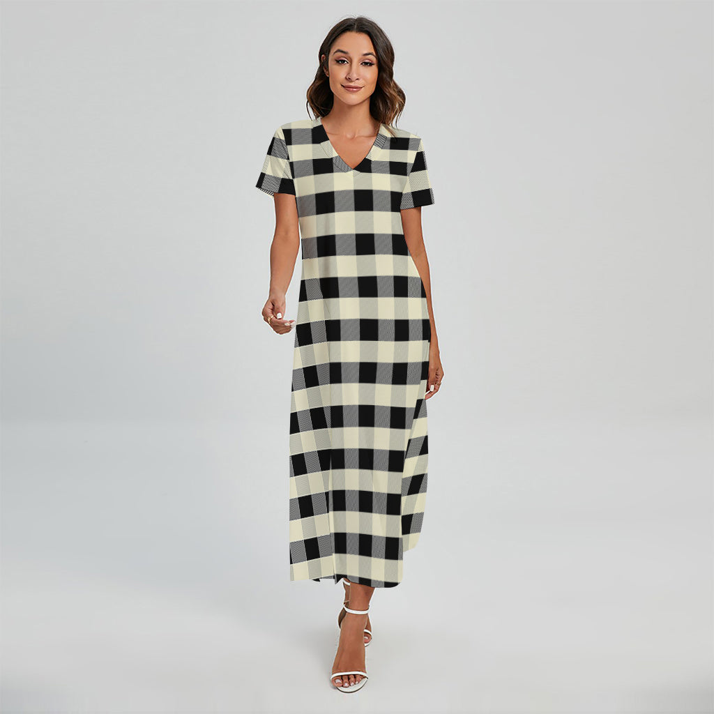 Beige And Black Buffalo Check Print Short Sleeve Maxi Dress