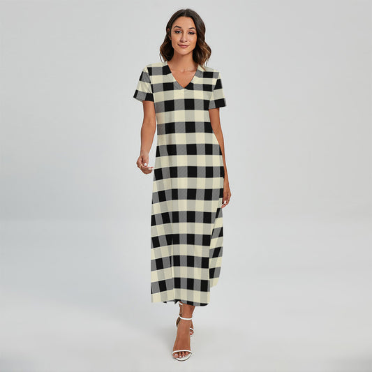 Beige And Black Buffalo Check Print Short Sleeve Maxi Dress