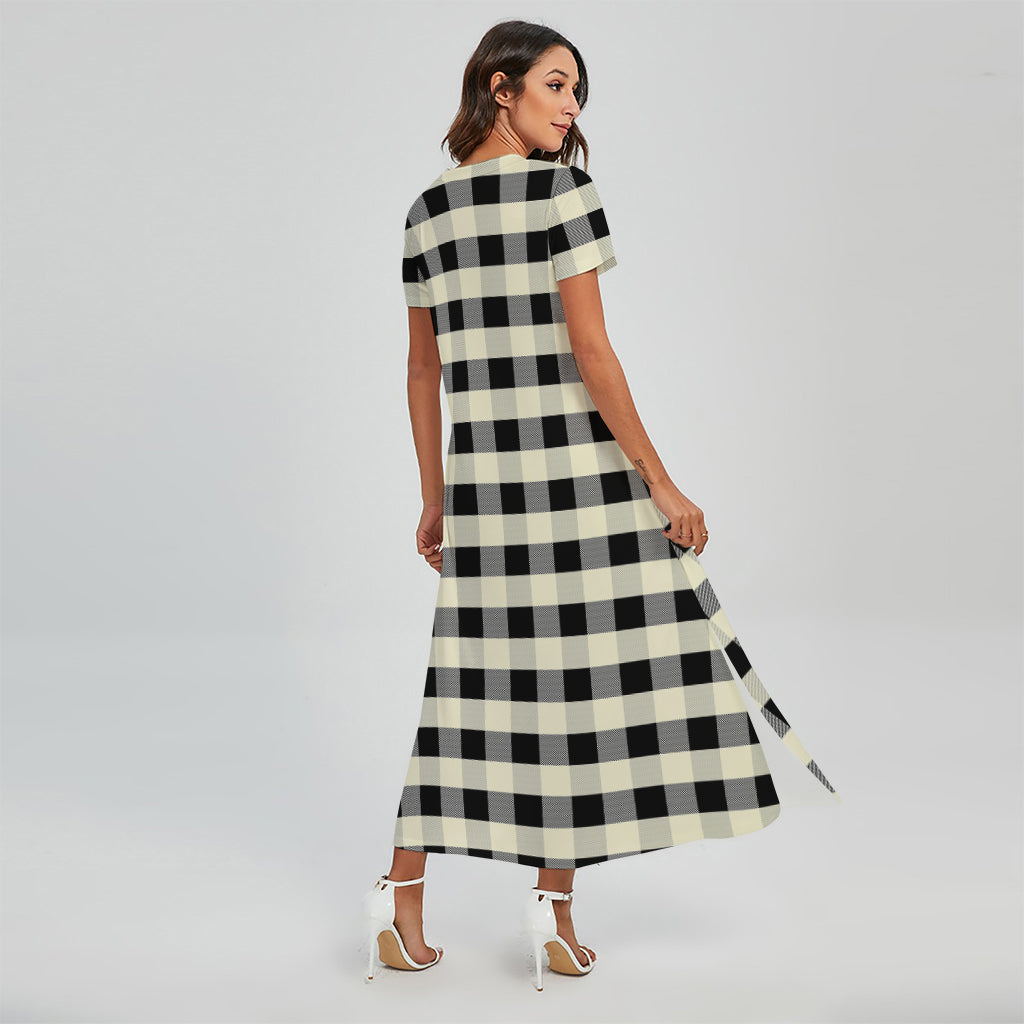 Beige And Black Buffalo Check Print Short Sleeve Maxi Dress