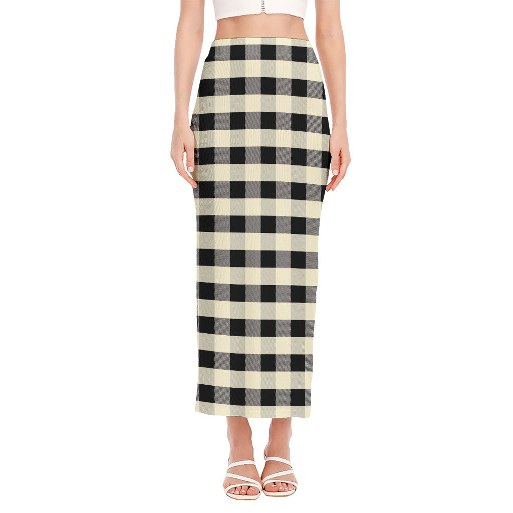 Beige And Black Buffalo Check Print Side Slit Maxi Skirt