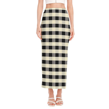 Beige And Black Buffalo Check Print Side Slit Maxi Skirt
