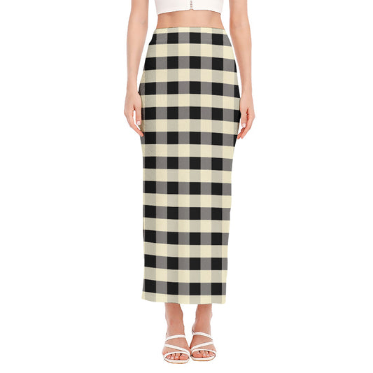 Beige And Black Buffalo Check Print Side Slit Maxi Skirt
