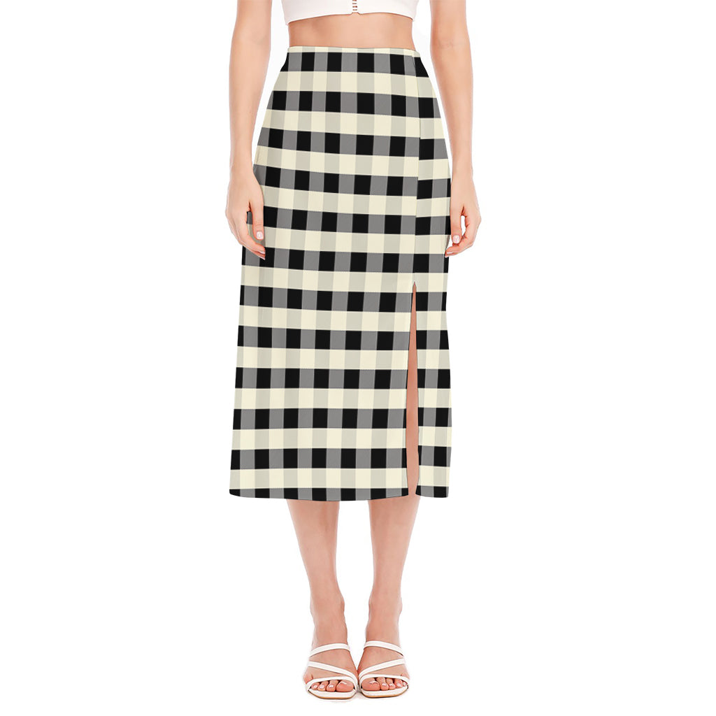 Beige And Black Buffalo Check Print Side Slit Midi Skirt