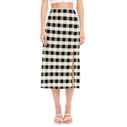 Beige And Black Buffalo Check Print Side Slit Midi Skirt