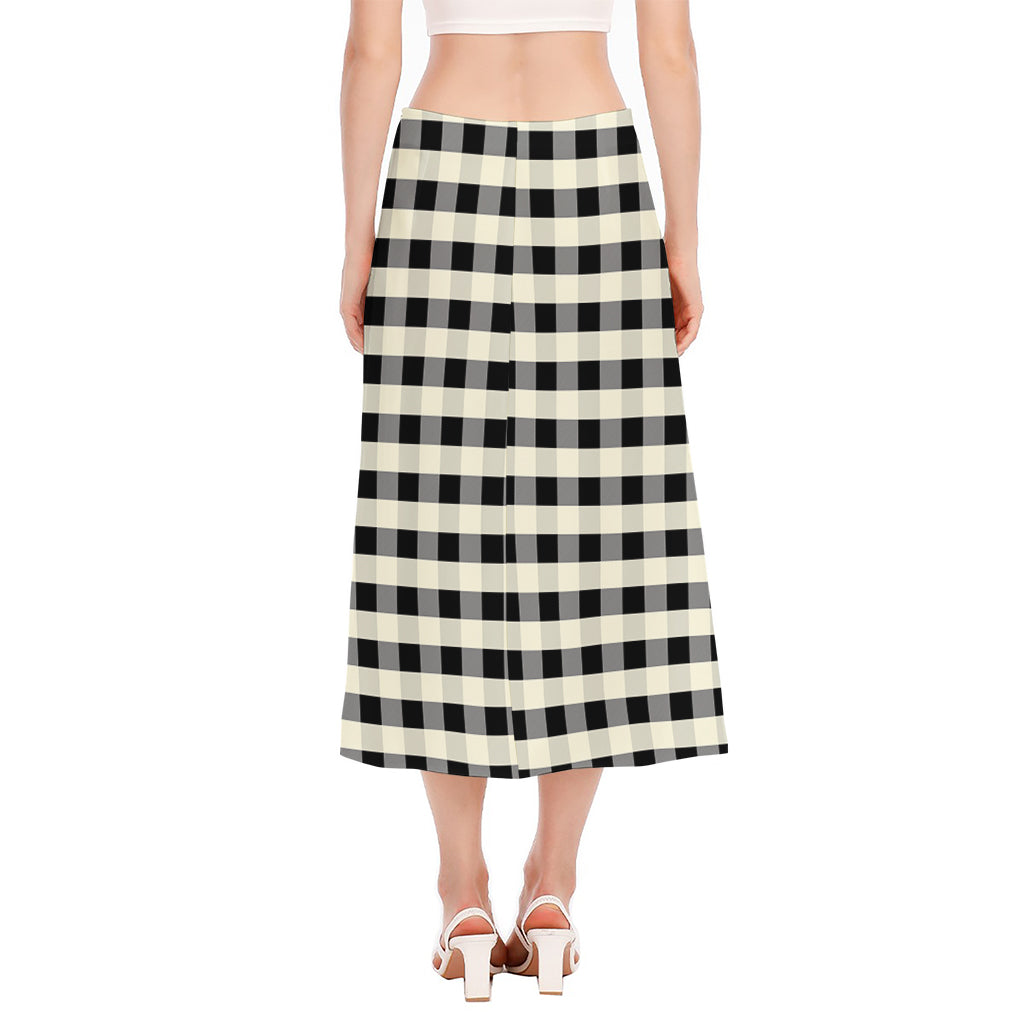 Beige And Black Buffalo Check Print Side Slit Midi Skirt