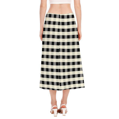 Beige And Black Buffalo Check Print Side Slit Midi Skirt