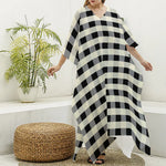 Beige And Black Buffalo Check Print Silk V-Neck Kaftan Dress