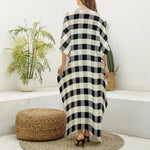 Beige And Black Buffalo Check Print Silk V-Neck Kaftan Dress