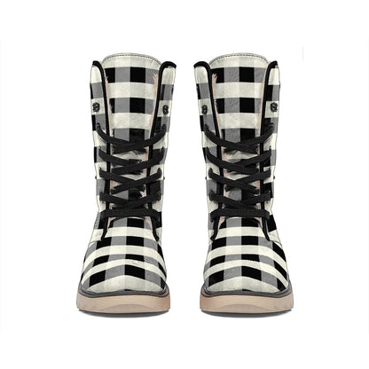 Beige And Black Buffalo Check Print Winter Boots