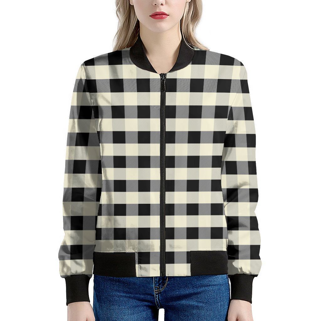 Beige And Black Buffalo Check Print Women's Bomber Jacket