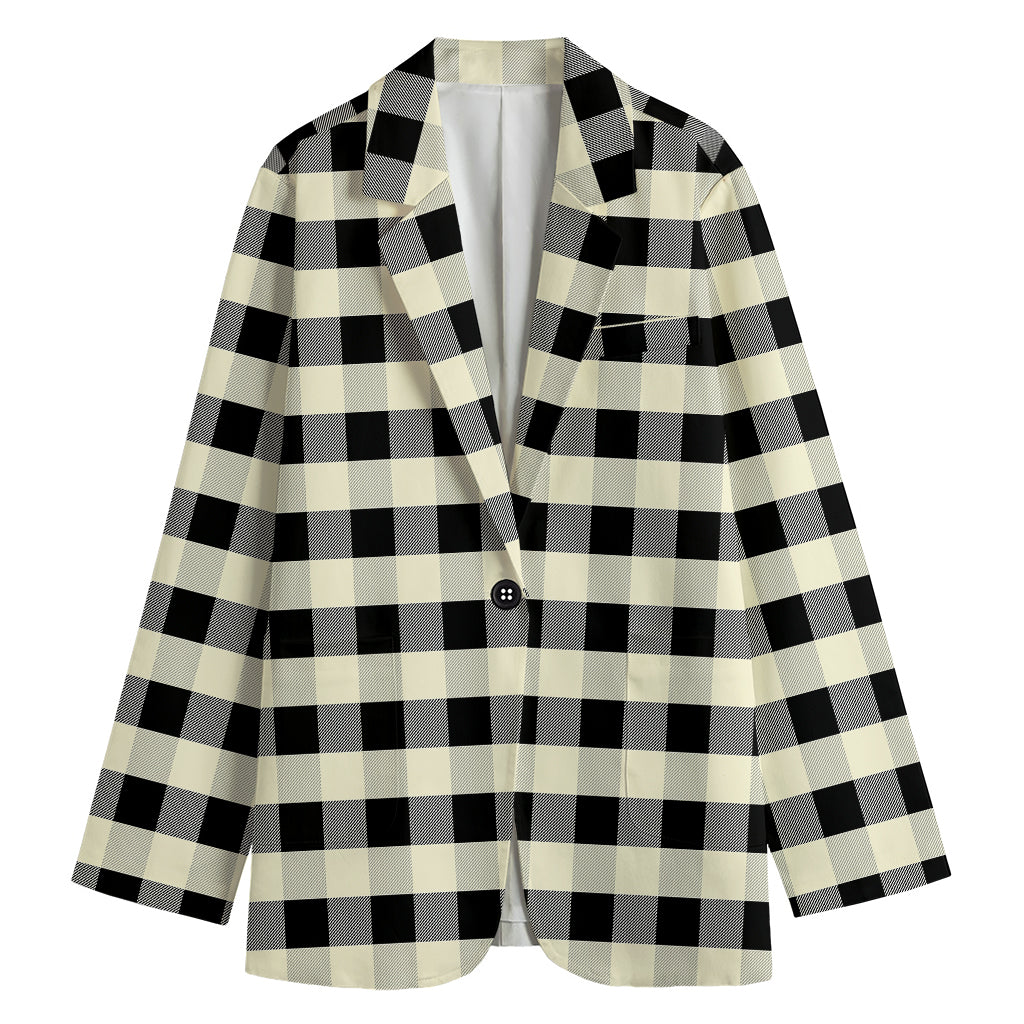 Beige And Black Buffalo Check Print Women's Cotton Blazer
