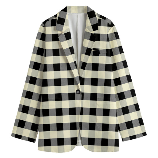 Beige And Black Buffalo Check Print Women's Cotton Blazer