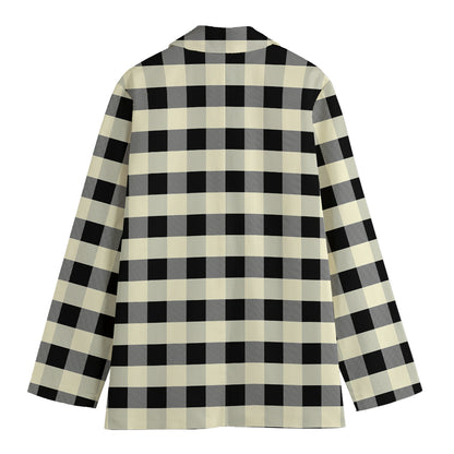 Beige And Black Buffalo Check Print Women's Cotton Blazer