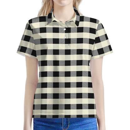 Beige And Black Buffalo Check Print Women's Polo Shirt
