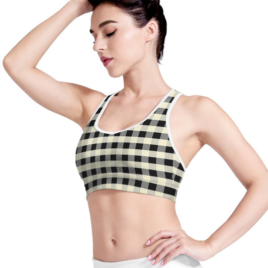Beige And Black Buffalo Check Print Women's Sports Bra