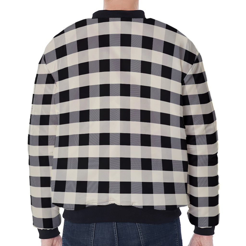 Beige And Black Buffalo Check Print Zip Sleeve Bomber Jacket