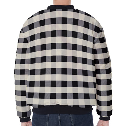 Beige And Black Buffalo Check Print Zip Sleeve Bomber Jacket