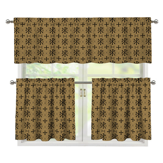 Beige And Black Orthodox Pattern Print 3 Piece Kitchen Curtains