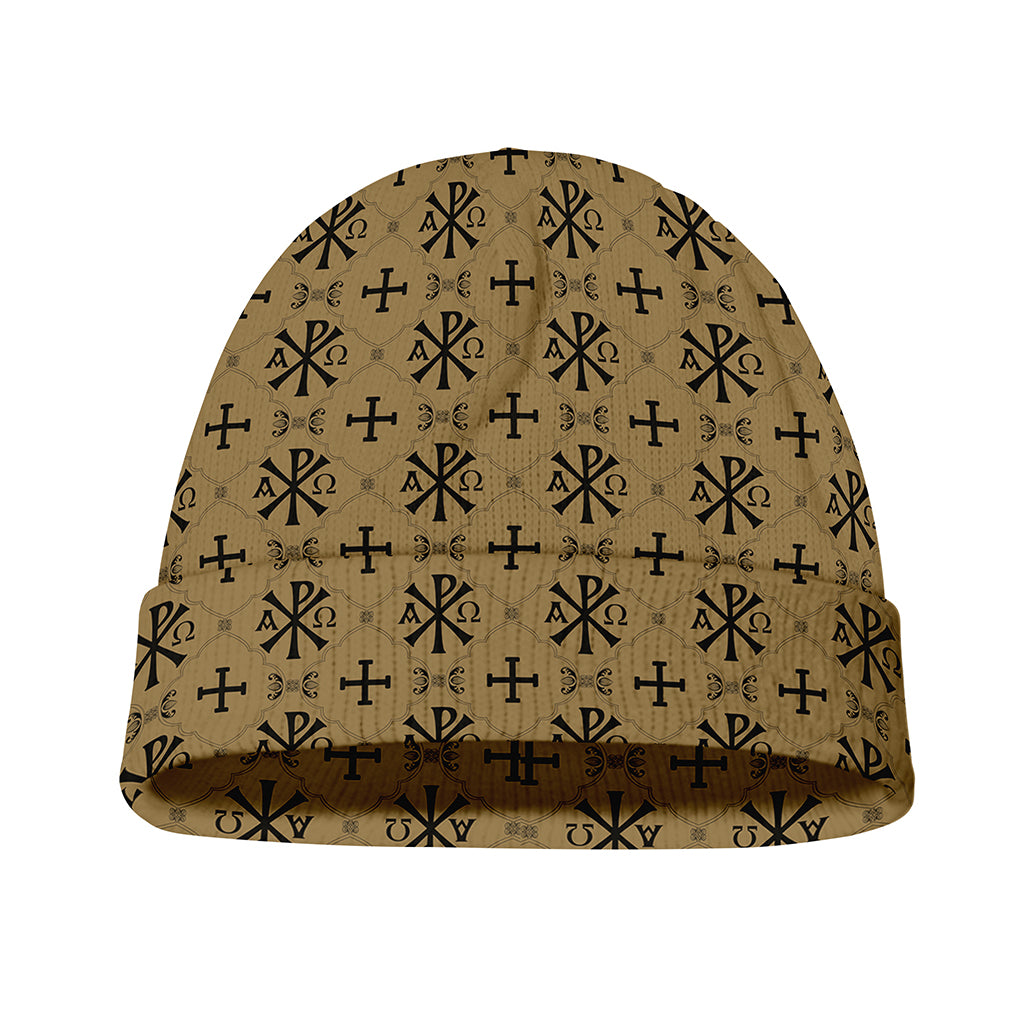 Beige And Black Orthodox Pattern Print Beanie