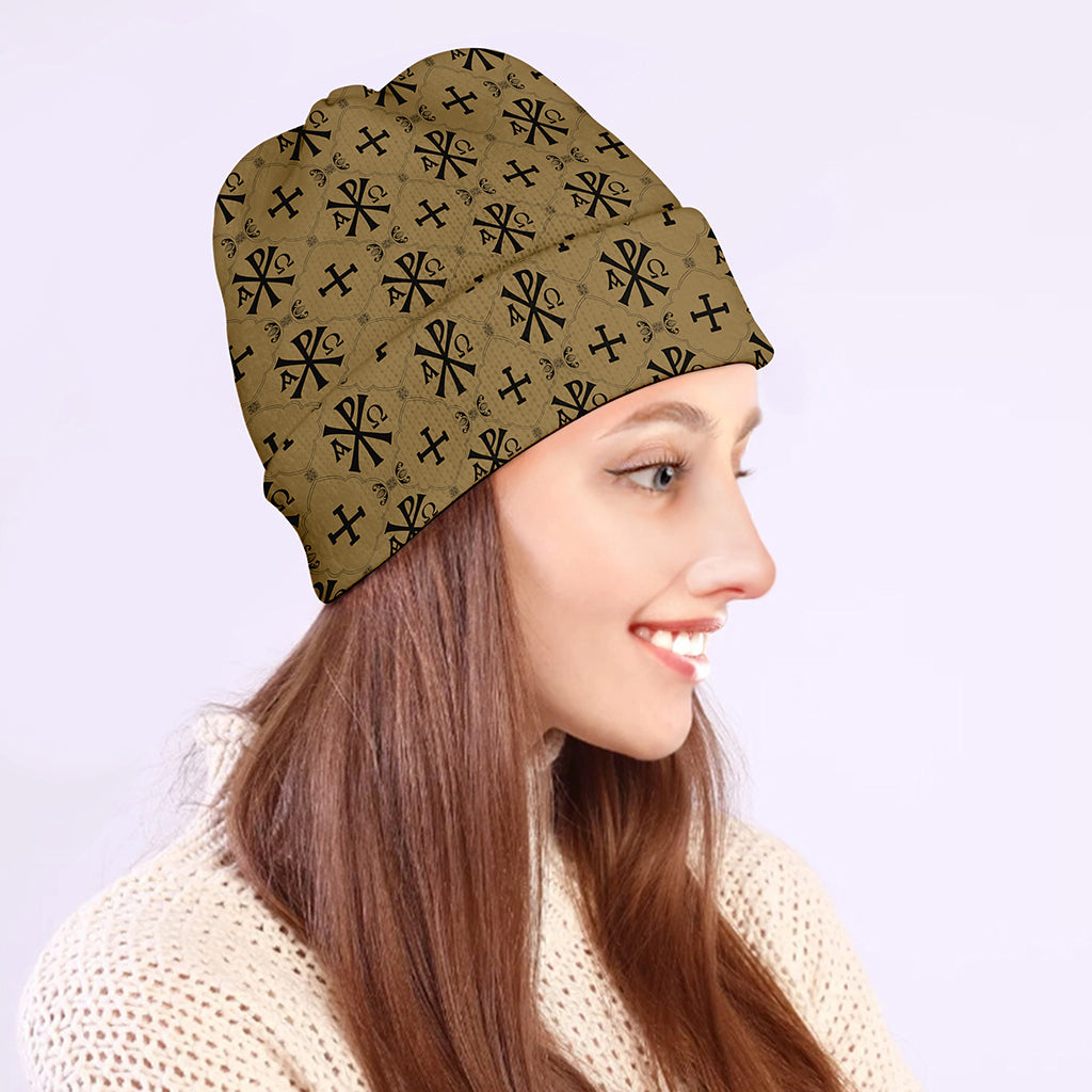 Beige And Black Orthodox Pattern Print Beanie