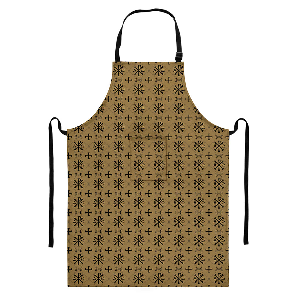 Beige And Black Orthodox Pattern Print Bib Apron With Pocket