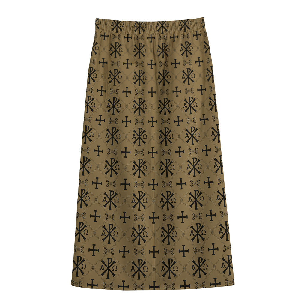 Beige And Black Orthodox Pattern Print Cotton Front Slit Maxi Skirt