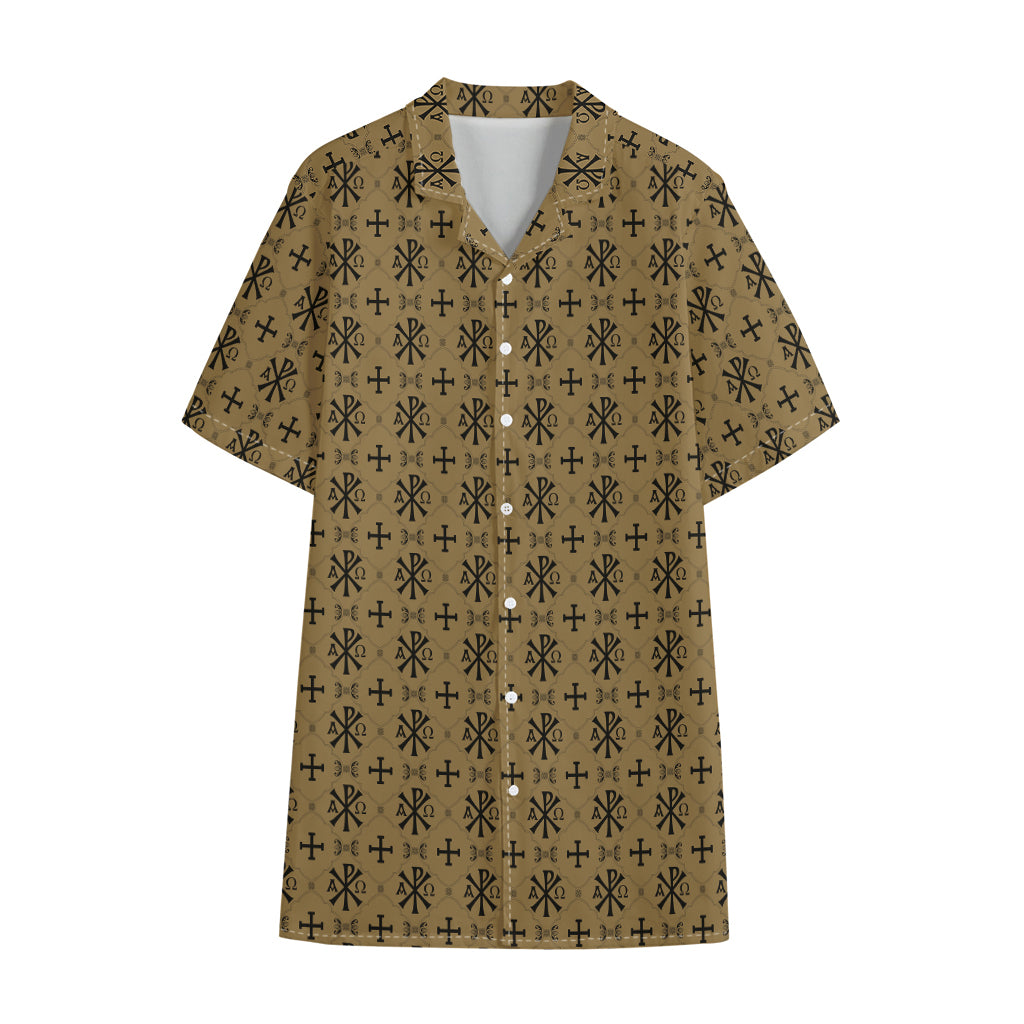 Beige And Black Orthodox Pattern Print Cotton Hawaiian Shirt